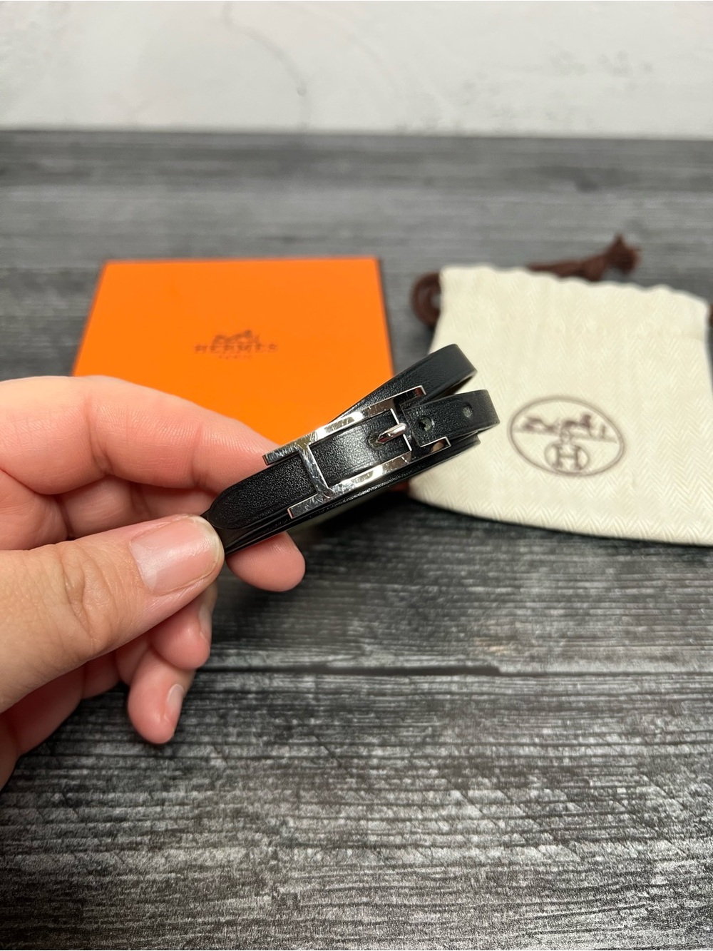 Authentic Hermes Black Leather Double Tour Bracelet with Silver Buckle - Picture 3 of 6